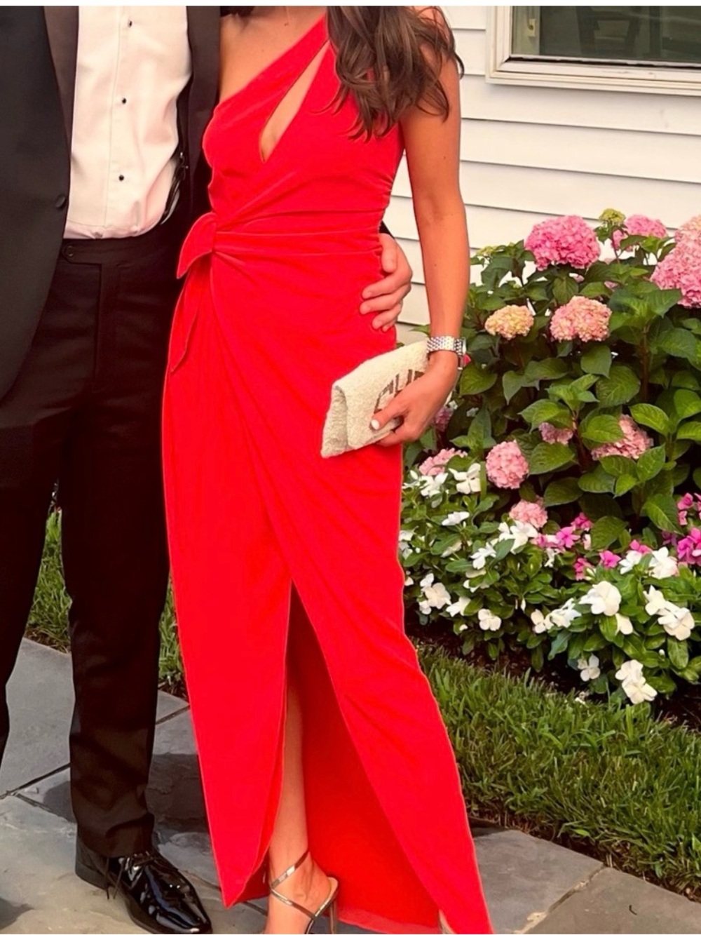 Amanda Uprichard Red One-Shoulder Draped Slit Gown